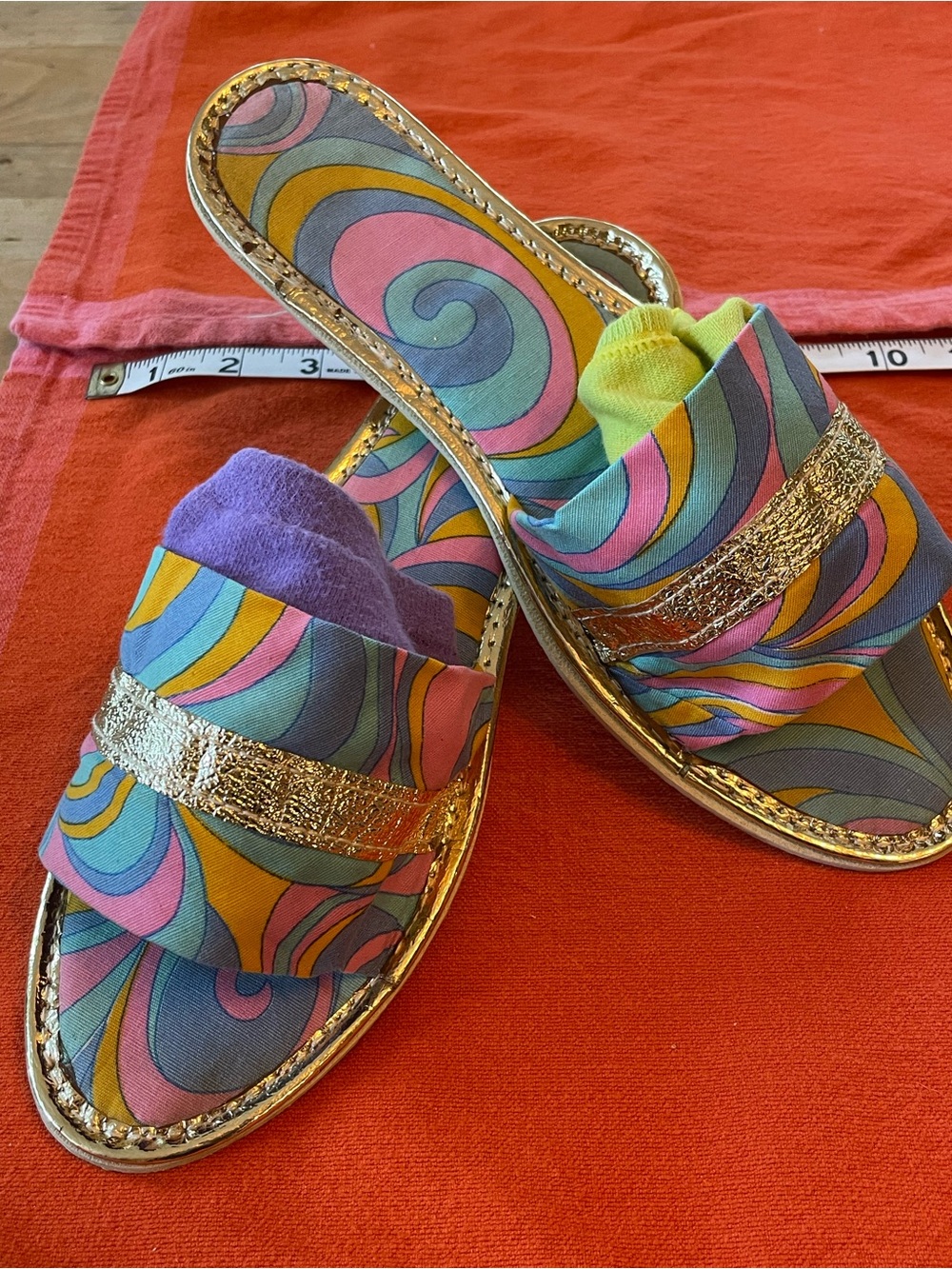 Colorful Psychedelic Swirl Slide Sandals with Gold Accent